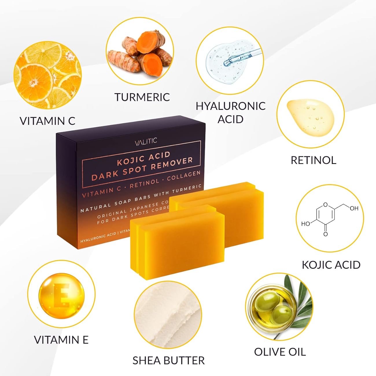 Kojic Acid Dark Spot Remover Soap Bars with Vitamin C, Retinol, Collagen, Turmeric - Original Japanese Complex Infused with Hyaluronic Acid, Vitamin E, Shea Butter, Castile Olive Oil (2 Pack)